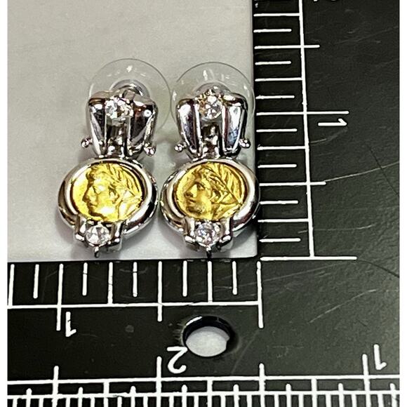 VTG Danecraft Gold and Silver Tone ROMAN COIN Clear Crystal Dangle Drop Earrings - Picture 11 of 12